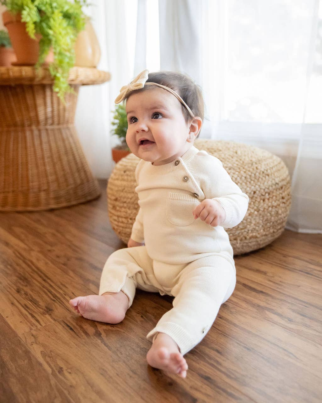 Milan Side Button & Pocket Knit Baby Jumpsuit (Organic): Cream / 3-6