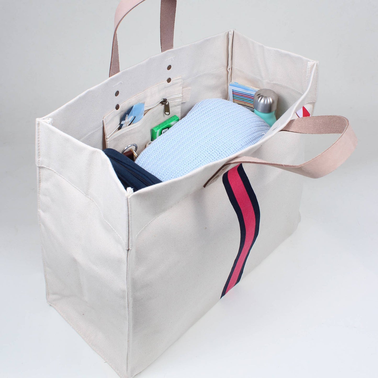 Striped Box Heavy Canvas Tote Bag with Leather Handles: Red Stripe