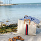 Striped Box Heavy Canvas Tote Bag with Leather Handles: Red Stripe