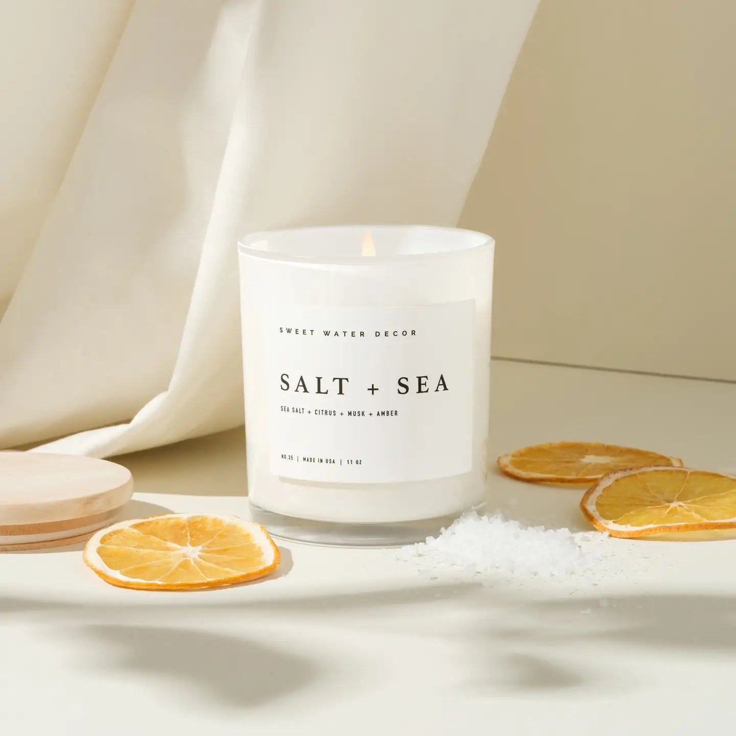 11 oz. Candle - Sweet Water Decor Salt + Sea White Glass Candle with Bamboo Top