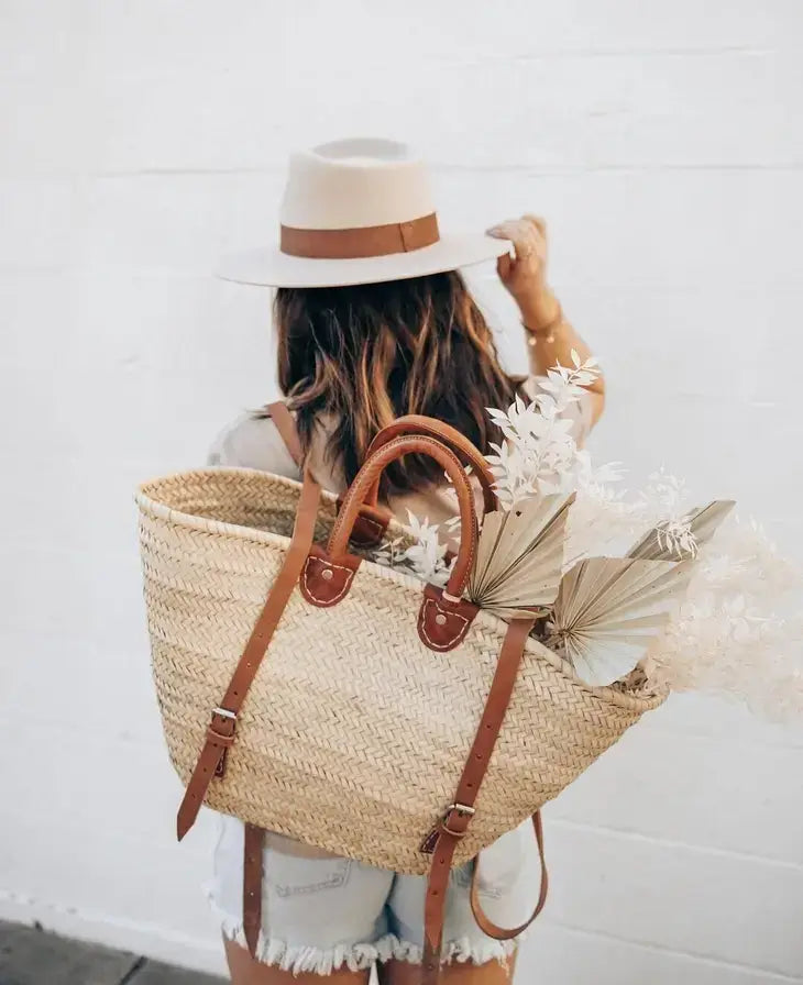 STRAW BAG Handmade leather, French Market Basket Backpack 